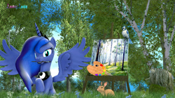 Size: 2981x1677 | Tagged: safe, artist:loveslove, princess luna, alicorn, pony, rabbit, 3d, cute, female, forest, mouth hold, paintbrush, painting, plein air, solo, source filmmaker, spread wings, wings