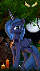 Size: 1677x2981 | Tagged: safe, artist:loveslove, princess luna, alicorn, pony, 3d, candle, cute, forest, full moon, moon, night, s1 luna, source filmmaker, statue, tree, tree branch