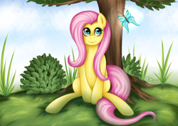 Size: 3508x2480 | Tagged: safe, artist:puggie, fluttershy, butterfly, pegasus, pony, bush, cloud, cute, folded wings, looking at something, nature, outdoors, shyabetes, sitting, soft shading, solo, tree, under the tree