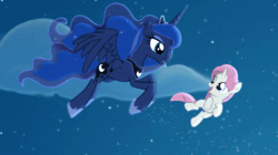 Size: 1100x618 | Tagged: dead source, safe, artist:anima-dos, artist:duo cartoonist, artist:lionheartcartoon, screencap, baby moondancer, princess luna, alicorn, pony, unicorn, animated, children of the night, cute, female, filly, flying, gif, lunabetes, mare, motherly, night, nuzzling, show accurate, singing, weapons-grade cute, wings, youtube link