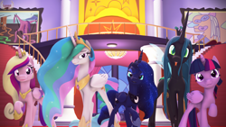 Size: 3840x2160 | Tagged: safe, artist:loveslove, princess cadance, princess celestia, princess luna, queen chrysalis, twilight sparkle, twilight sparkle (alicorn), alicorn, changeling, changeling queen, pony, 3d, 4k, :p, alicorn tetrarchy, female, hoof shoes, jewelry, lidded eyes, looking at you, mare, one hoof raised, peytral, raised hoof, regalia, smiling, source filmmaker, tongue out