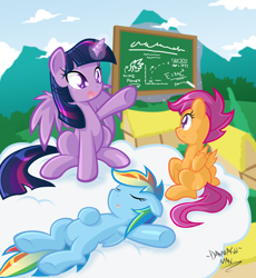 Size: 2993x3248 | Tagged: safe, artist:danmakuman, rainbow dash, scootaloo, twilight sparkle, twilight sparkle (alicorn), alicorn, pegasus, pony, chalkboard, cloud, female, magic, mare, sitting, sleeping, teacher