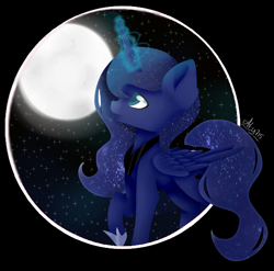 Size: 2943x2911 | Tagged: safe, artist:ether-akari, princess luna, alicorn, pony, cute, looking up, magic, magic aura, moon, night, solo, stars