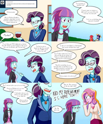 Size: 2000x2400 | Tagged: safe, artist:jake heritagu, dean cadance, princess cadance, principal abacus cinch, sci-twi, sunny flare, sunset shimmer, twilight sparkle, oc, oc:sparkling sapphire, comic:aria's archives, equestria girls, alcohol, baby, clothes, comic, dialogue, female, glass, magical lesbian spawn, offspring, parent:sci-twi, parent:sunset shimmer, parents:scitwishimmer, speech bubble, sunny flare is principal cinch's daughter/relative, wine, wine glass