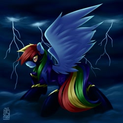 Size: 853x853 | Tagged: safe, artist:skyheavens, rainbow dash, pegasus, pony, clothes, costume, lightning, night, shadowbolt dash, shadowbolts, shadowbolts costume, solo