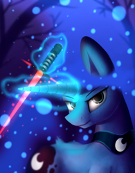 Size: 1560x2000 | Tagged: safe, artist:quefortia, princess luna, alicorn, pony, female, glowing horn, lightsaber, magic, mare, star wars, telekinesis, weapon