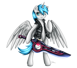 Size: 1800x1600 | Tagged: safe, artist:puggie, oc, alicorn, pony, alicorn oc, bipedal, clothes, crossover, i'm really feeling it, monado, proud, shulk, simple background, solo, sword, transparent background, weapon, xenoblade chronicles