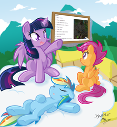 Size: 973x1056 | Tagged: safe, artist:danmakuman, edit, rainbow dash, scootaloo, twilight sparkle, twilight sparkle (alicorn), alicorn, pegasus, pony, chalkboard, chalkboard meme, early expand, female, mare, sitting, sleeping, starcraft 2, teacher, zerg build order