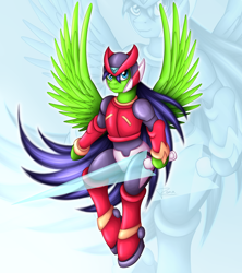 Size: 1600x1800 | Tagged: safe, artist:puggie, oc, oc only, pegasus, pony, armor, bipedal, boots, clothes, commission, crossover, game, helmet, huge mane, megaman, megaman zero, simple background, solo, spread wings, sword, weapon, zero