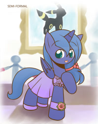 Size: 860x1080 | Tagged: safe, artist:howxu, princess luna, alicorn, pony, clothes, cropped, cute, dress, female, looking at you, lunabetes, mare, painting, pokémon, pokémon gold and silver, solo, umbreon