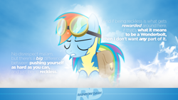 Size: 1920x1080 | Tagged: safe, artist:adrianimpalamata, artist:clockwork65, rainbow dash, pegasus, pony, quote, saddle bag, solo, vector, wallpaper, wonderbolt trainee uniform