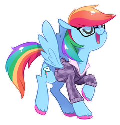 Size: 560x581 | Tagged: safe, artist:tsurime, rainbow dash, pegasus, pony, clothes, cute, dashabetes, eyes closed, glasses, nerdy, open mouth, rainbow dash always dresses in style, rainbow dork, simple background, solo, sweater, transparent background, unshorn fetlocks