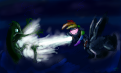 Size: 1024x620 | Tagged: safe, artist:sethhm, rainbow dash, kaiju, pegasus, pony, fight, jaeger, laser, pacific rim