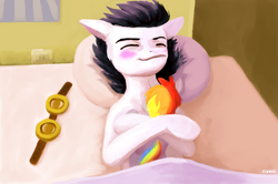 Size: 1273x843 | Tagged: safe, artist:themightycoolblender, rainbow dash, soarin', pegasus, pony, bed, blushing, crush plush, doll, female, goggles, male, plushie, shipping, sleeping, soarindash, solo, straight