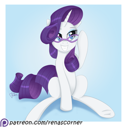 Size: 2000x2000 | Tagged: safe, artist:puggie, rarity, pony, unicorn, glasses, grin, patreon, patreon logo, patreon reward, simple background, smiling, solo