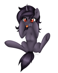 Size: 1600x2000 | Tagged: safe, artist:puggie, oc, oc only, oc:shelby, changeling, pony, changeling oc, silly, silly pony, slit eyes, solo, tongue out