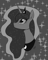 Size: 1200x1500 | Tagged: safe, artist:casualcolt, princess luna, alicorn, pony, bust, looking up, monochrome, solo