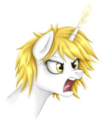 Size: 1600x1800 | Tagged: safe, artist:puggie, oc, oc only, oc:illumina flash, unicorn, angry, close-up, commission, detailed, gold, magic, simple background, solo, teeth, tongue out, transparent background