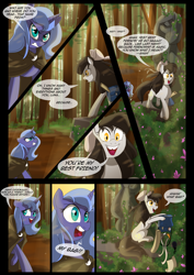 Size: 1240x1754 | Tagged: safe, artist:lunarcakez, princess luna, oc, oc:mazzy, alicorn, earth pony, pony, comic:the origins of hollow shades, bow, comic, derp, female, hair bow, ink, mare, quill, s1 luna