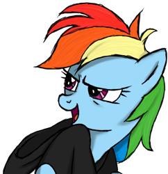 Size: 880x908 | Tagged: safe, artist:raynebowcrash, rainbow dash, pegasus, pony, bust, clothes, hoodie, lidded eyes, portrait, simple background, solo, transparent background