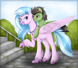 Size: 2300x2000 | Tagged: safe, artist:puggie, silverstream, oc, classical hippogriff, hippogriff, pegasus, pony, canon x oc, commission, duo, female, looking at each other, mare, nature, pointing, ponies riding hippogriffs, riding, stairs, that hippogriff sure does love stairs