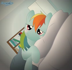 Size: 4536x4440 | Tagged: safe, artist:fluffyxai, rainbow dash, pegasus, pony, absurd resolution, bed, morning ponies, pillow, pov, solo