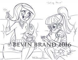 Size: 1280x986 | Tagged: safe, artist:bevin brand, dean cadance, princess cadance, sci-twi, twilight sparkle, equestria girls, equestria girls series, clothes, cup, glasses, hair twirl, lineart, monochrome, notepad, official fan art, pen, ponytail, shirt, sketch, skirt, sofa, taking notes, teacup