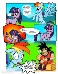 Size: 1217x1552 | Tagged: safe, artist:sonigoku, rainbow dash, twilight sparkle, pegasus, pony, comic, crossover, dragon ball z, goku, over 9000, parody, son goku