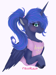 Size: 2328x3096 | Tagged: safe, artist:raiokai, princess luna, alicorn, pony, clothes, female, mare, ponytail, shirt, simple background, solo