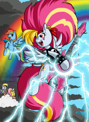 Size: 937x1289 | Tagged: safe, artist:lordstevie, derpy hooves, fluttershy, rainbow dash, oc, oc:poodle hair, pegasus, pony, electricity, fashion, female, flying, guitar, mare, musical instrument, rainbow