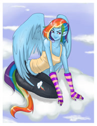 Size: 1024x1325 | Tagged: safe, artist:rubynina, rainbow dash, arm warmers, clothes, eared humanization, humanized, pony coloring, short hair, solo, tailed humanization, tanktop, winged humanization