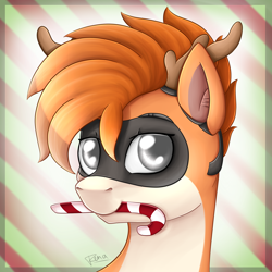 Size: 1500x1500 | Tagged: safe, artist:puggie, oc, oc:kiva, pony, robot, robot pony, antlers, avatar, candy, candy cane, christmas, festive, food, holiday, reindeer antlers, solo