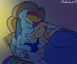 Size: 981x821 | Tagged: safe, artist:strebiskunk, rainbow dash, scootaloo, pegasus, pony, bed, bedtime story, book, forehead kiss, goodnight, goodnight kiss, kissing, scootalove, sleeping