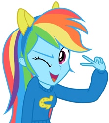 Size: 890x1003 | Tagged: safe, rainbow dash, equestria girls, equestria girls (movie), cute, looking at you, open mouth, peace sign, simple background, smiling, solo, vector, white background, wink