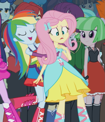 Size: 535x624 | Tagged: safe, screencap, drama letter, fluttershy, indigo wreath, rainbow dash, tennis match, watermelody, equestria girls, equestria girls (movie), background human, bare shoulders, boots, fall formal, fall formal outfits, high heel boots, out of context, rainbow, sleeveless, strapless