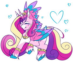 Size: 1701x1450 | Tagged: safe, artist:mediasmile666, edit, part of a set, princess cadance, alicorn, pony, chest fluff, coat markings, colored hooves, colored wings, cropped, cutie mark, eye clipping through hair, female, flying, heart, jewelry, looking at you, mare, one eye closed, one wing out, redesign, regalia, sidemouth, simple background, solo, tongue out, unshorn fetlocks, white background, wings, wink