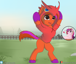 Size: 2548x2160 | Tagged: safe, artist:hevityaus, princess cadance, oc, oc:clarity heart, alicorn, earth pony, pony, bipedal, blaziken, clothes, disguise, disguised changeling, fence, grass, grass field, heart, hoodie, patreon, patreon logo, pokémon, smiling, solo, unshorn fetlocks