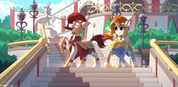 Size: 2080x1019 | Tagged: safe, artist:redchetgreen, oc, oc only, oc:sovereign, oc:terracotta, earth pony, pony, unicorn, armor, bandage, bench, bush, commission, curious, detailed background, duo, happy, helmet, looking at something, looking back, male, open mouth, raised hoof, royal guard, scenery, stairs, stallion, standing, ych result