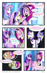 Size: 2301x3549 | Tagged: safe, artist:darlyjay, princess cadance, princess flurry heart, twilight sparkle, twilight sparkle (alicorn), oc, oc:heartbeat, alicorn, pony, unicorn, comic:save the harmony, comic, crystal empire, offspring, older, parent:princess cadance, parent:shining armor, parents:shiningcadance