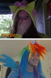 Size: 320x488 | Tagged: safe, fluttershy, rainbow dash, human, cosplay, irl, irl human, omegle, photo