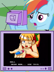 Size: 599x800 | Tagged: safe, rainbow dash, pegasus, pony, exploitable meme, medicine, mega man 10, megaman, meme, obligatory pony, roll, sad, tv meme