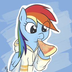 Size: 2400x2400 | Tagged: safe, artist:hardcyder, rainbow dash, pegasus, pony, clothes, eating, eye clipping through hair, food, hoodie, pizza, solo, that pony sure does love pizza