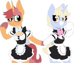 Size: 1032x879 | Tagged: safe, artist:nootaz, oc, oc:game guard, oc:nootaz, pony, unicorn, apron, bow, clothes, crossdressing, dress, female, gametaz, glasses, holding hooves, looking at each other, maid, male, mare, smiling, stallion