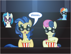 Size: 800x600 | Tagged: safe, artist:flash equestria photography, bon bon, dj pon-3, rainbow dash, sweetie drops, vinyl scratch, oc, oc:milky way, pegasus, pony, 3d glasses, ask, female, glasses, mare, pacific rim, popcorn, tumblr