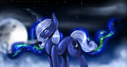 Size: 1576x832 | Tagged: safe, artist:harmony134, princess luna, alicorn, pony, crying, eyes closed, female, mare, moon, solo