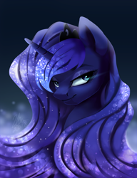 Size: 2300x3000 | Tagged: safe, artist:neon-light-53, princess luna, alicorn, pony, abstract background, beautiful, ethereal mane, female, high res, jewelry, lidded eyes, mare, solo, starry mane, tiara