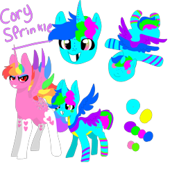 Size: 1940x1980 | Tagged: safe, artist:nootaz, oc, oc:cory sprinkles, oc:prince bloodshed, alicorn, pony, alicorn oc, donut steel, reference sheet