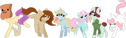 Size: 2593x800 | Tagged: safe, artist:nootaz, oc, oc only, oc:kelly, oc:paper bag, oc:red, oc:scoops, oc:sugar morning, oc:taffeta, pegasus, pony, unicorn, bubble tea, female, food, jewelry, mare, necklace, paper bag, pizza, simple background, tail bun, transparent background