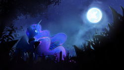 Size: 7680x4320 | Tagged: safe, artist:darkflame75, princess luna, alicorn, pony, beautiful, cute, ethereal mane, female, full moon, grass, looking up, mare, moon, night, scenery, solo, spread wings, starry mane, the moon rises, wallpaper, wings