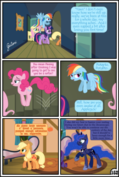 Size: 3255x4838 | Tagged: safe, artist:gutovi, applejack, fluttershy, pinkie pie, princess luna, rainbow dash, twilight sparkle, twilight sparkle (alicorn), alicorn, earth pony, pegasus, pony, comic:why me!?, comic